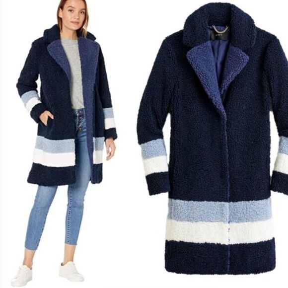 J. CREW Ariana Colorblock Sherpa Teddy Coat striped navy snap button XL AQ410 - Picture 1 of 11